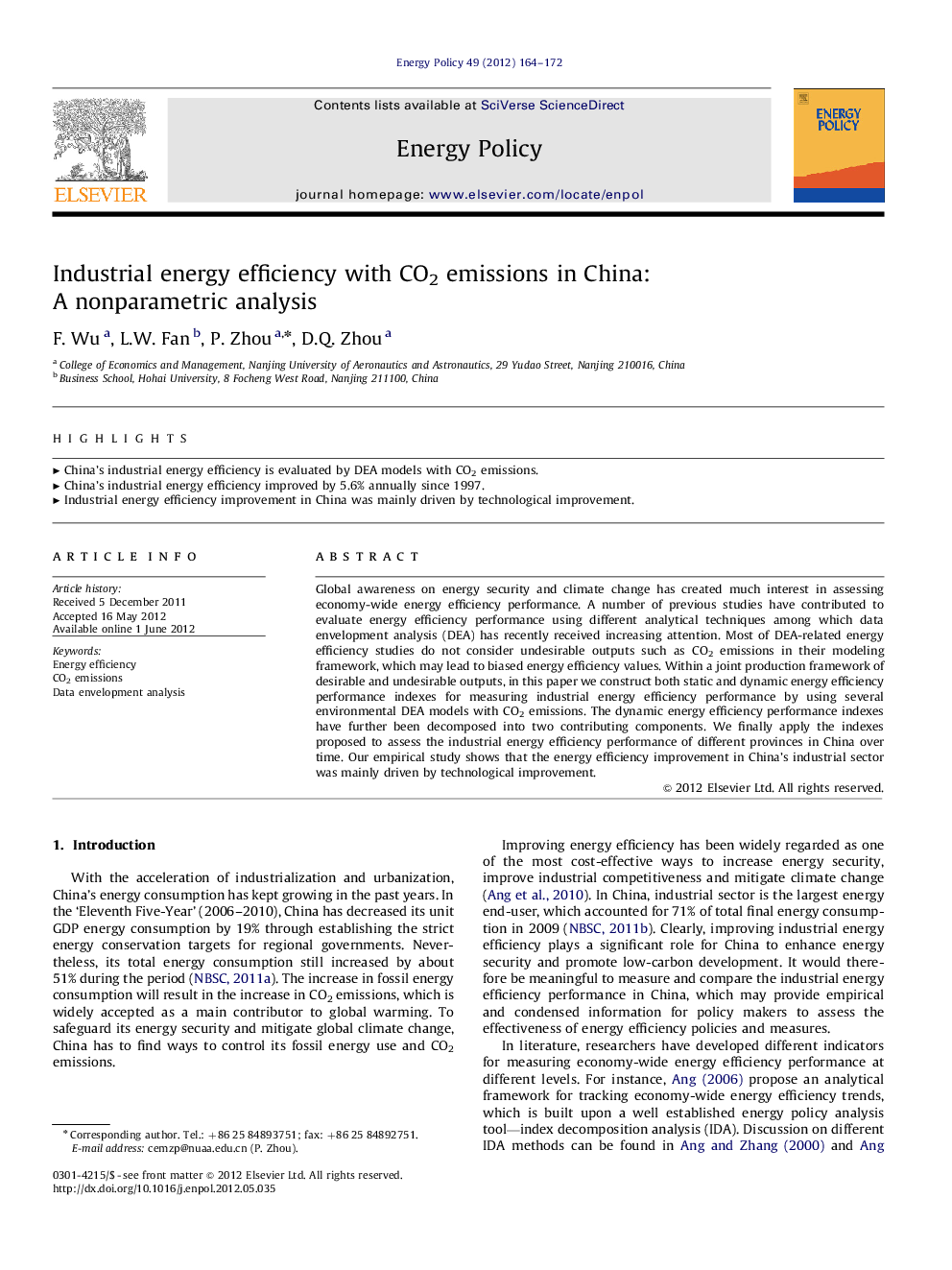 عکس صفحه اول مقاله: Industrial energy efficiency with CO2 emissions in China: A nonparametric analysis Industrial energy efficiency with CO2 emissions in China: A nonparametric analysis