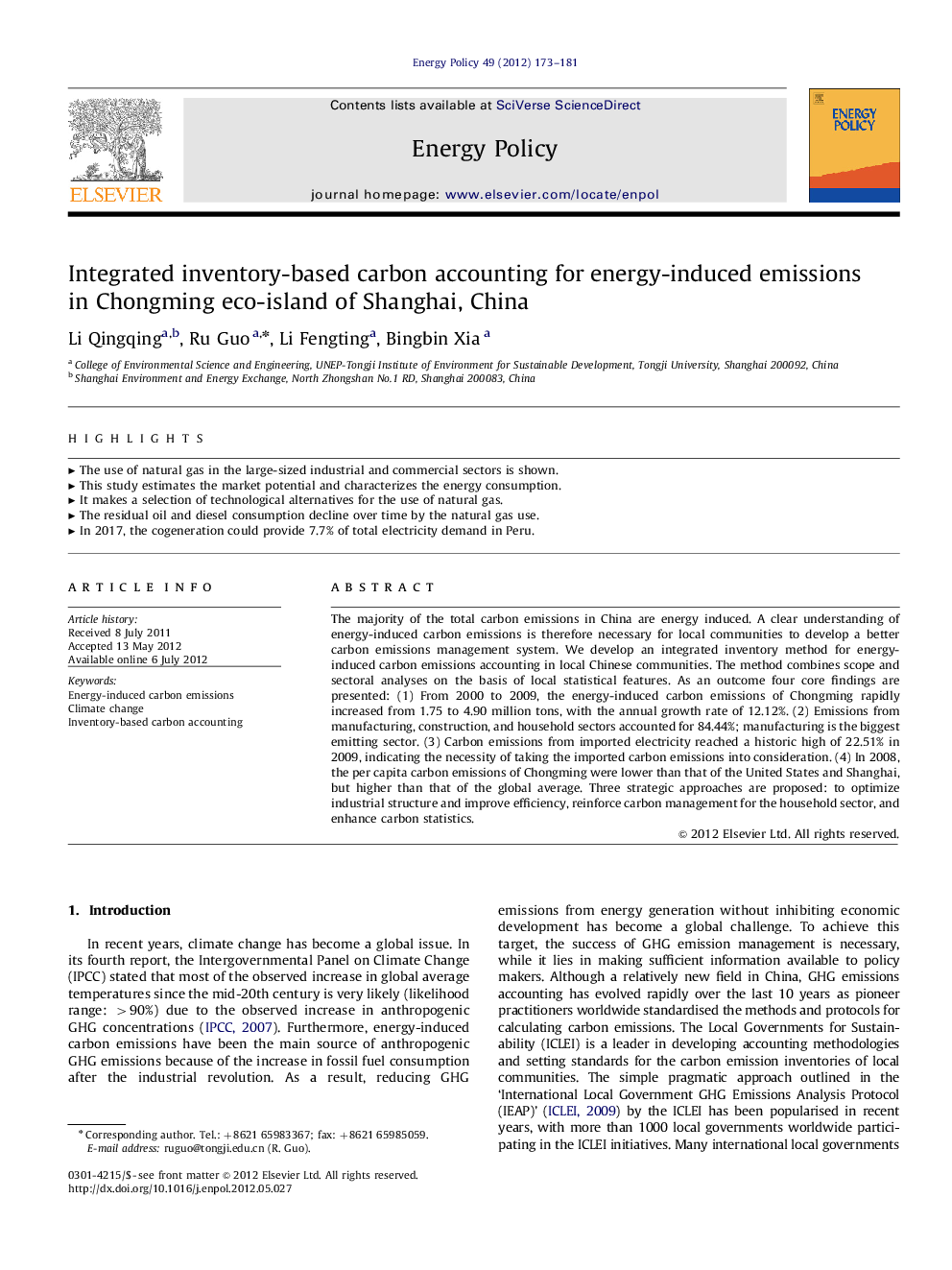 عکس صفحه اول مقاله: Integrated inventory-based carbon accounting for energy-induced emissions in Chongming eco-island of Shanghai, China Integrated inventory-based carbon accounting for energy-induced emissions in Chongming eco-island of Shanghai, China