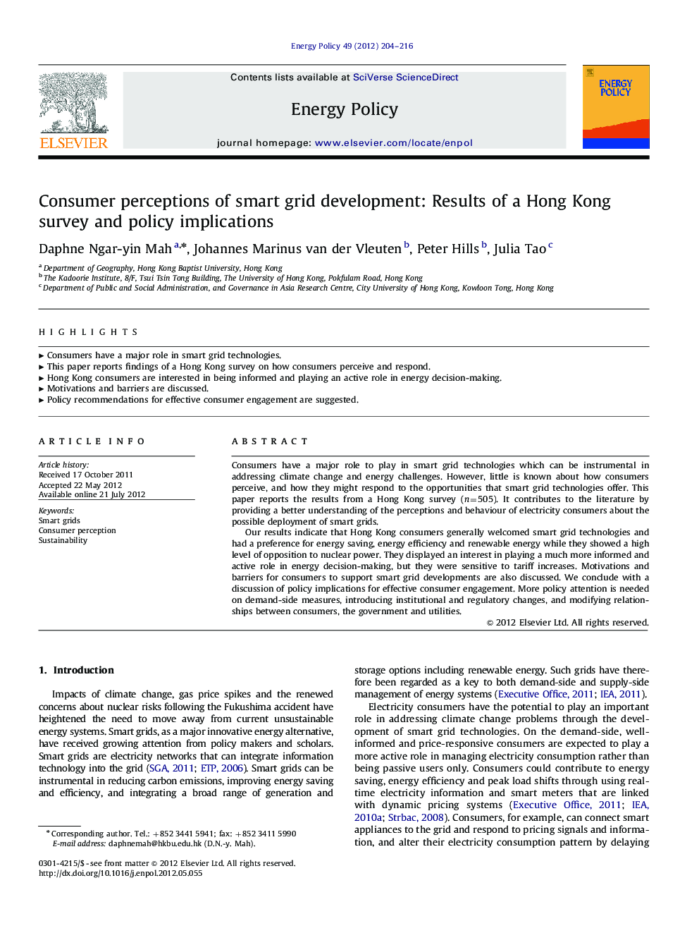 Consumer perceptions of smart grid development: Results of a Hong Kong survey and policy implications