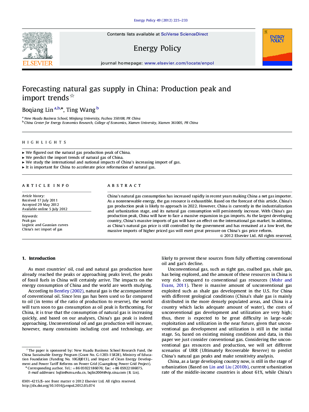 عکس صفحه اول مقاله: Forecasting natural gas supply in China: Production peak and import trends Forecasting natural gas supply in China: Production peak and import trends