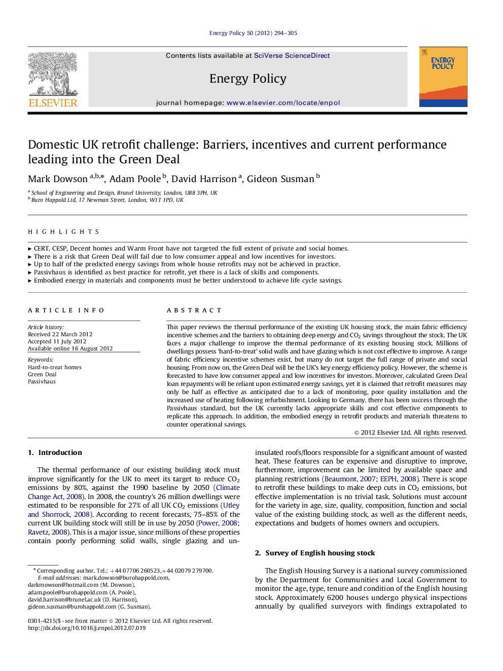 عکس صفحه اول مقاله: Domestic UK retrofit challenge: Barriers, incentives and current performance leading into the Green Deal Domestic UK retrofit challenge: Barriers, incentives and current performance leading into the Green Deal
