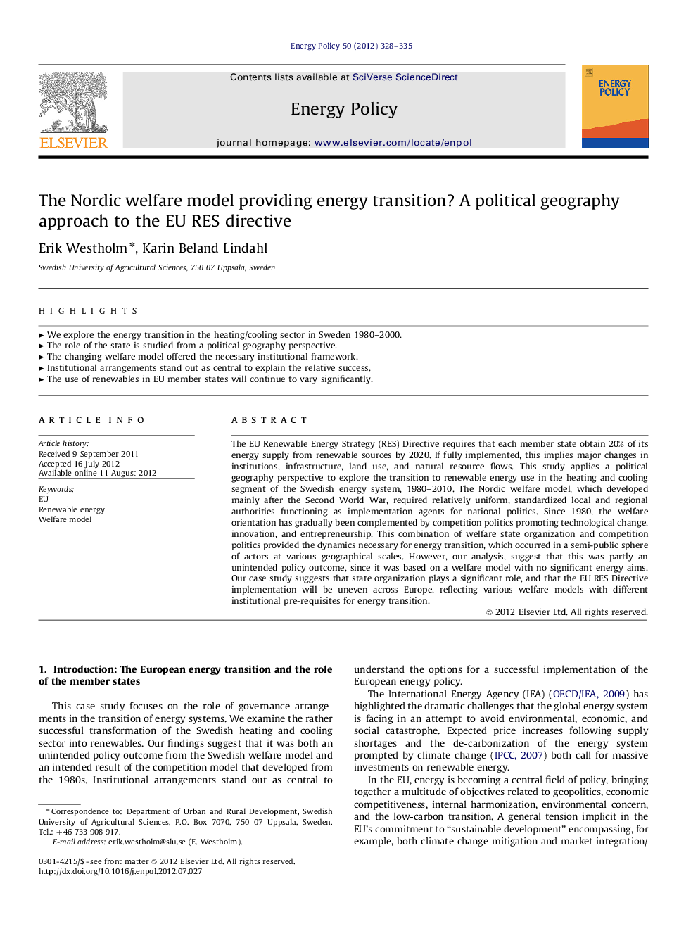 The Nordic welfare model providing energy transition? A political geography approach to the EU RES directive