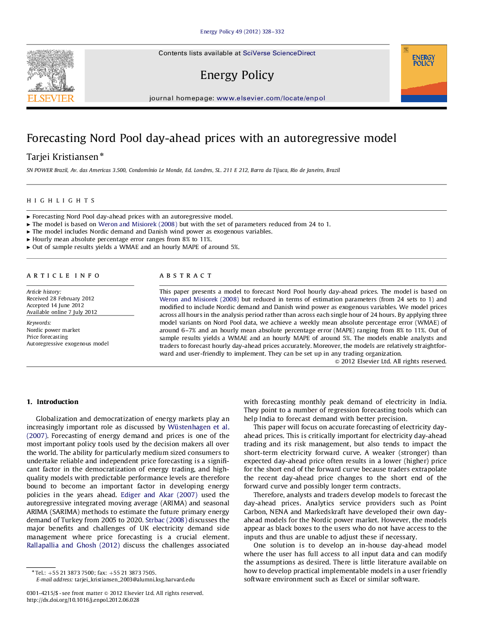 Forecasting Nord Pool day-ahead prices with an autoregressive model