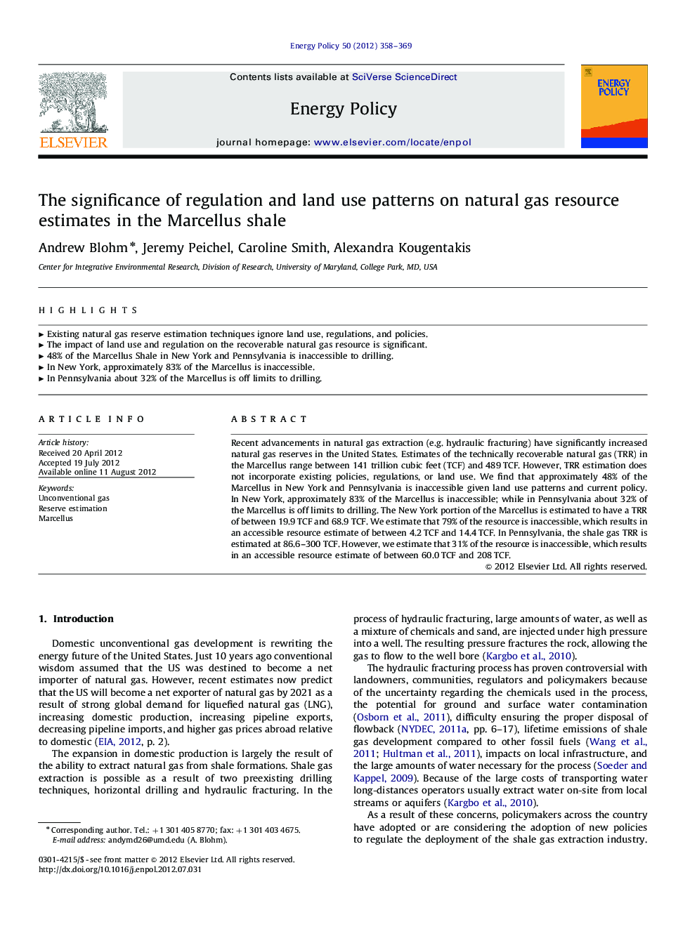 The significance of regulation and land use patterns on natural gas resource estimates in the Marcellus shale