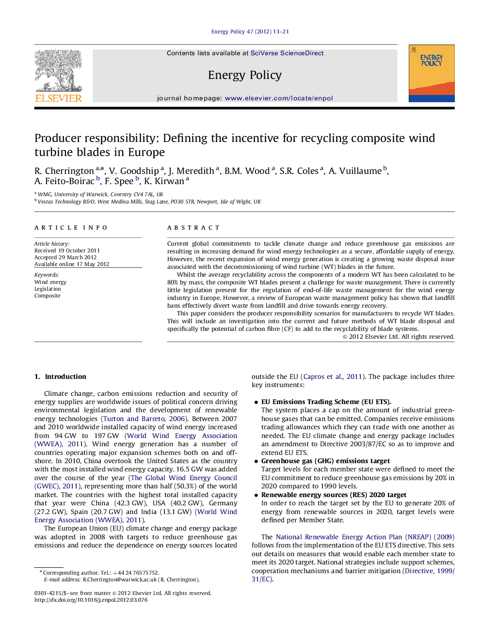 Producer responsibility: Defining the incentive for recycling composite wind turbine blades in Europe