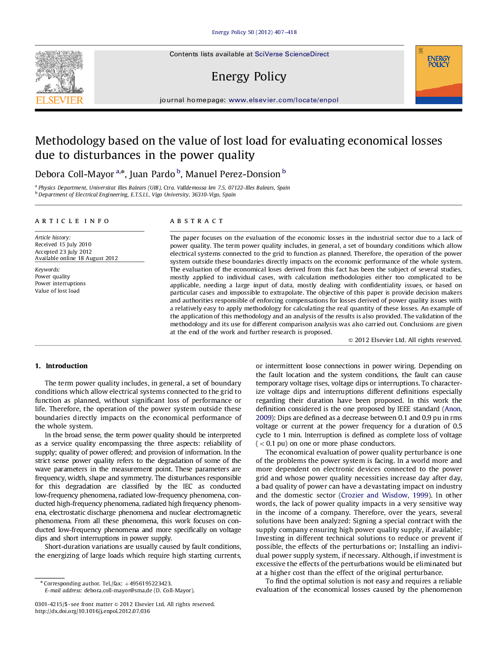 Methodology based on the value of lost load for evaluating economical losses due to disturbances in the power quality