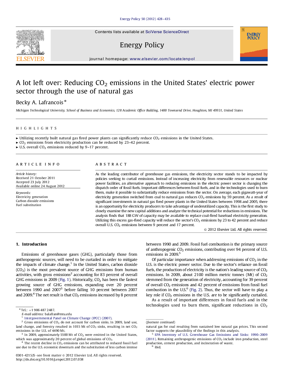 A lot left over: Reducing CO2 emissions in the United States' electric power sector through the use of natural gas