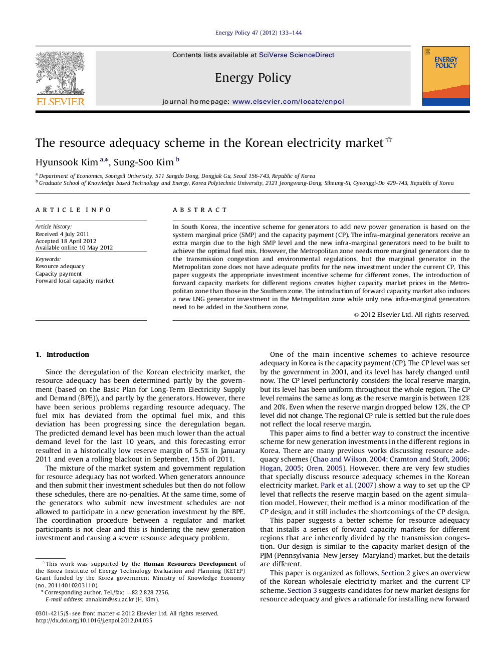 The resource adequacy scheme in the Korean electricity market