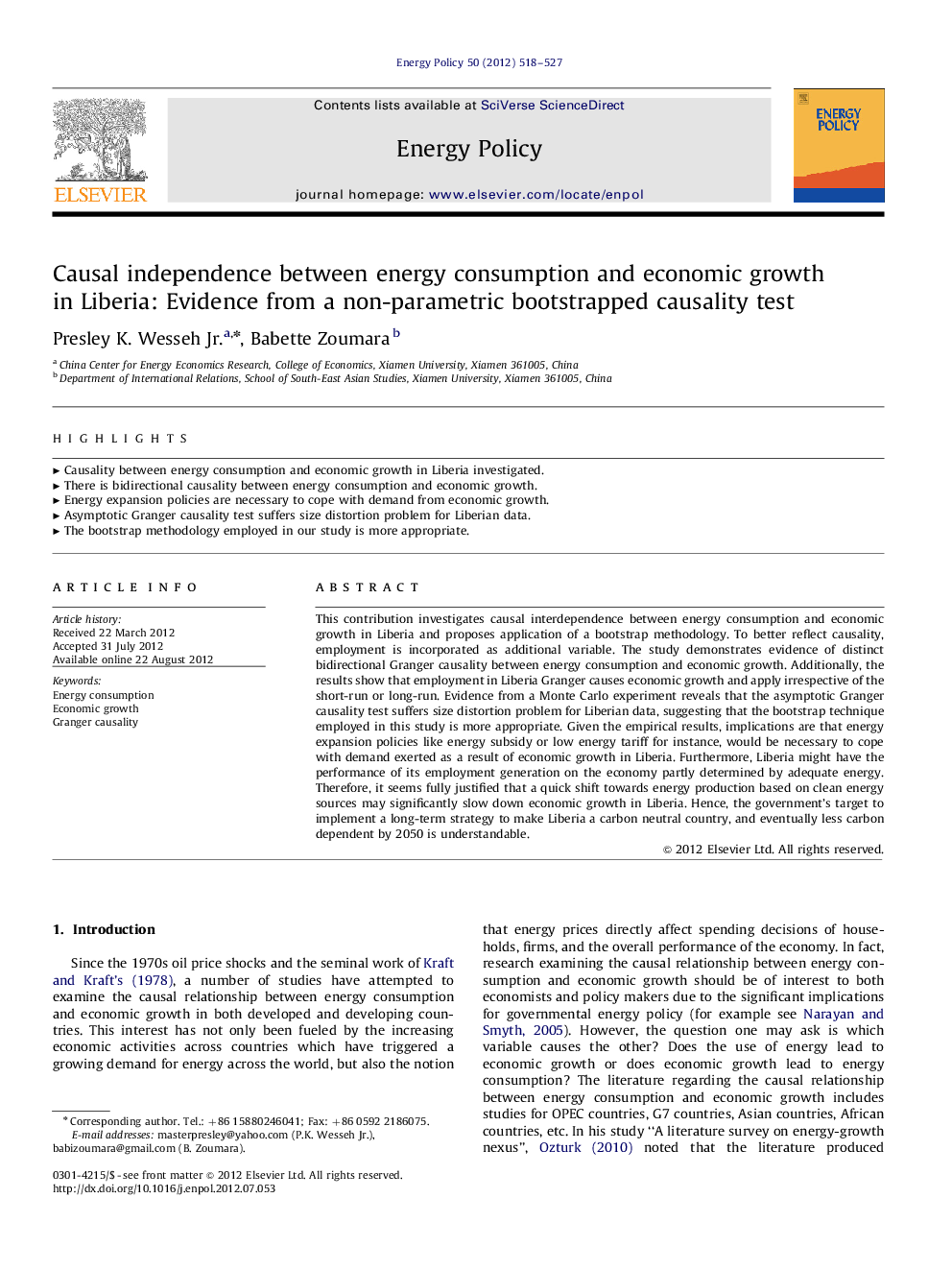 Causal independence between energy consumption and economic growth in Liberia: Evidence from a non-parametric bootstrapped causality test