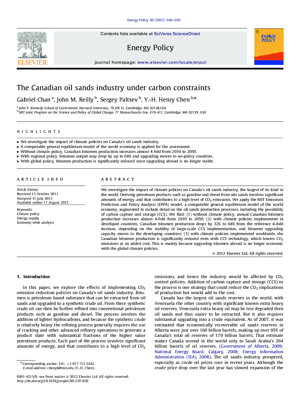 The Canadian oil sands industry under carbon constraints