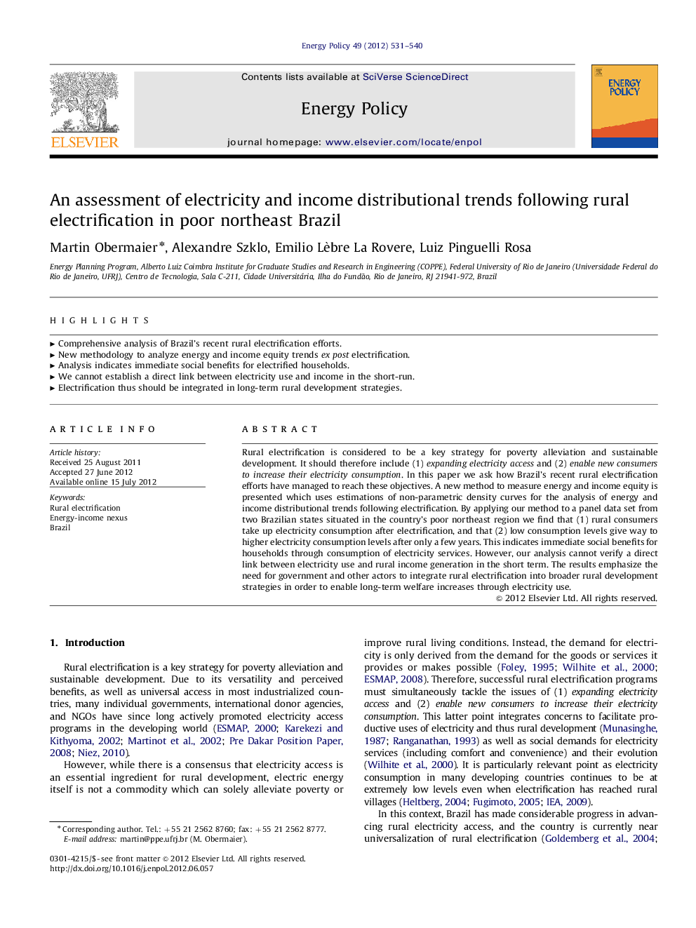 An assessment of electricity and income distributional trends following rural electrification in poor northeast Brazil