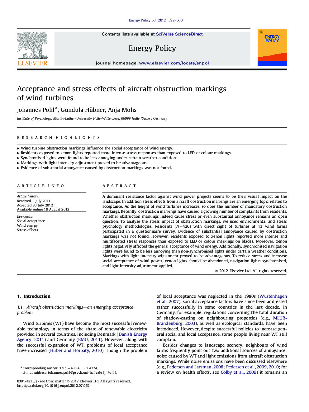 Acceptance and stress effects of aircraft obstruction markings of wind turbines