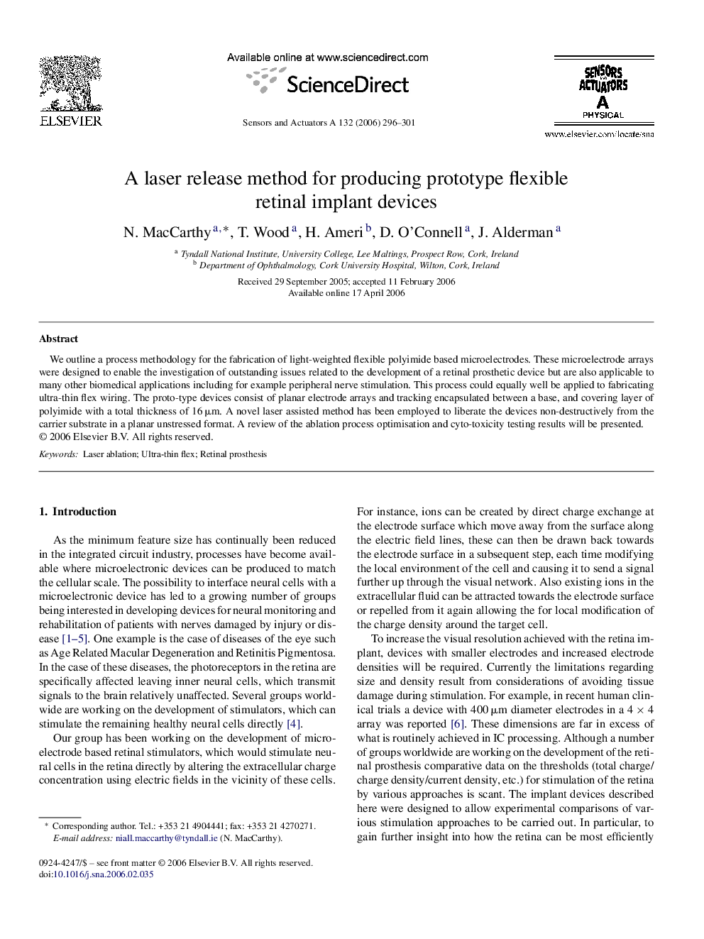 A laser release method for producing prototype flexible retinal implant devices