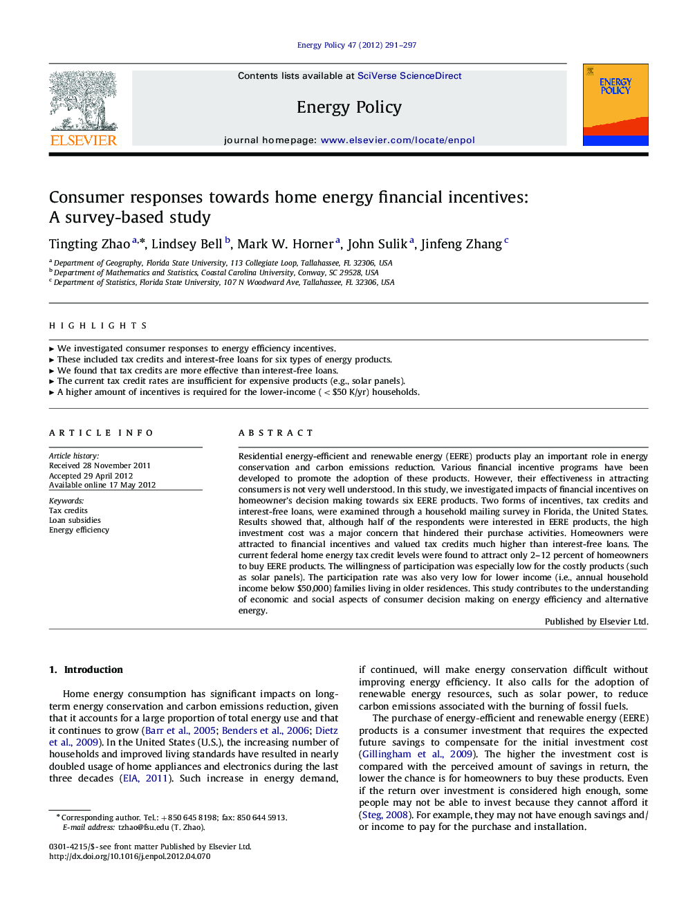 Consumer responses towards home energy financial incentives: A survey-based study