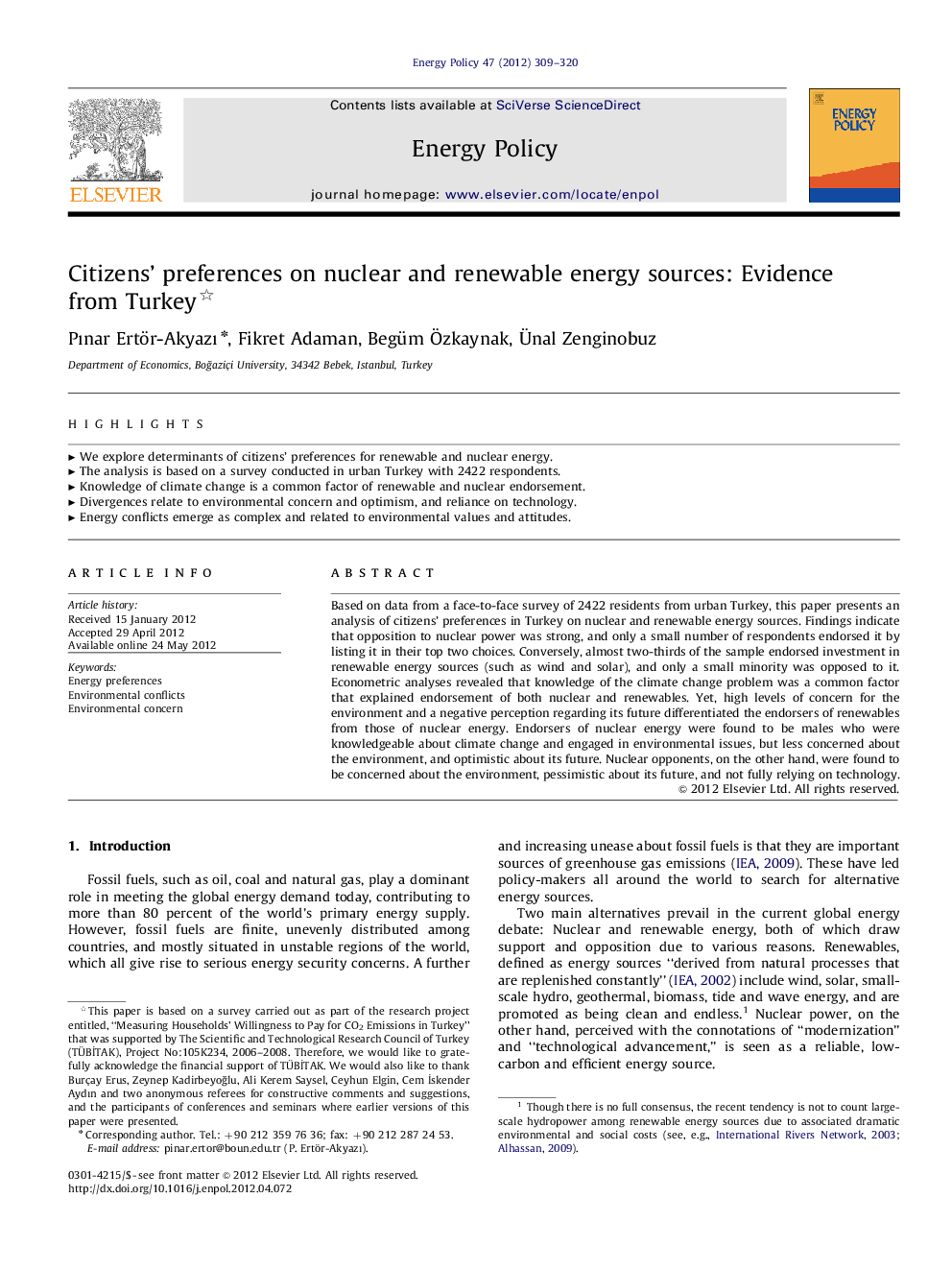 Citizens' preferences on nuclear and renewable energy sources: Evidence from Turkey