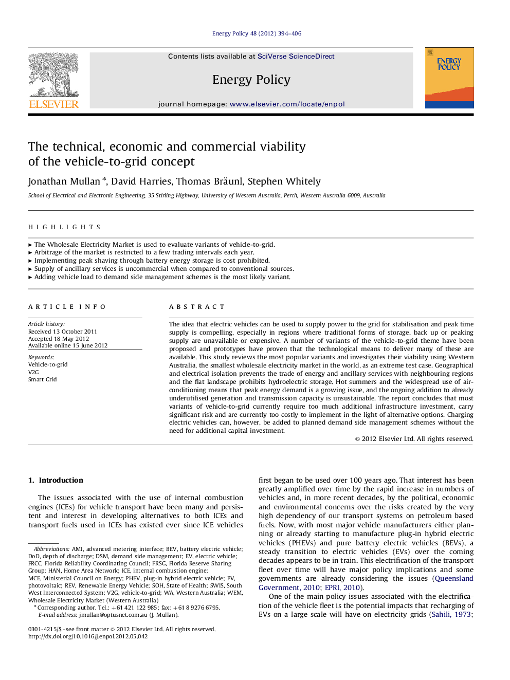 The technical, economic and commercial viability of the vehicle-to-grid concept