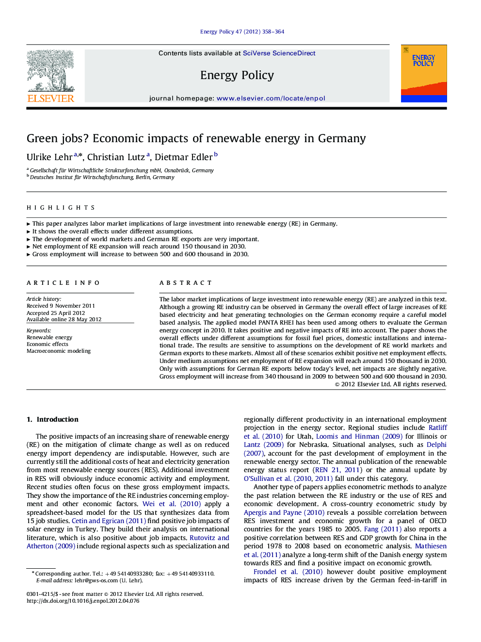 Green jobs? Economic impacts of renewable energy in Germany