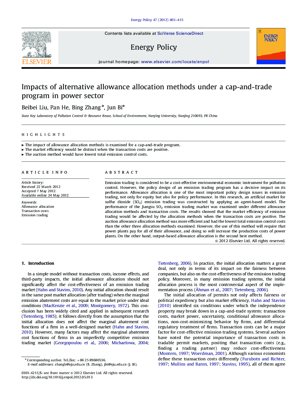 Impacts of alternative allowance allocation methods under a cap-and-trade program in power sector