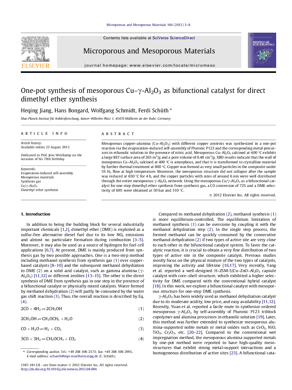 One-pot synthesis of mesoporous Cu–γ-Al2O3 as bifunctional catalyst for direct dimethyl ether synthesis