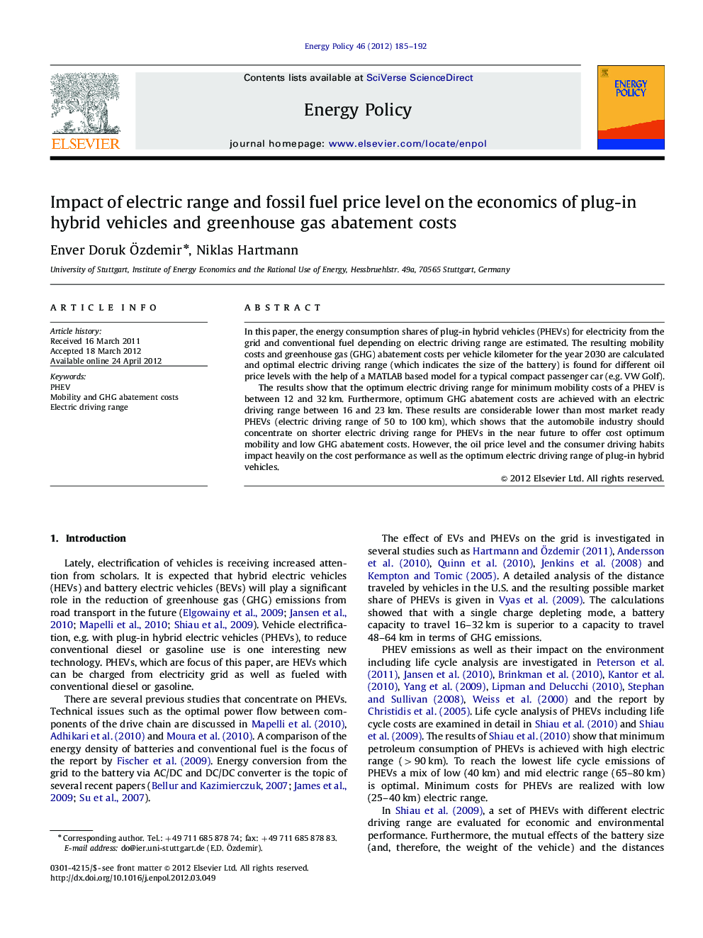 عکس صفحه اول مقاله: Impact of electric range and fossil fuel price level on the economics of plug-in hybrid vehicles and greenhouse gas abatement costs Impact of electric range and fossil fuel price level on the economics of plug-in hybrid vehicles and greenhouse gas abatement costs