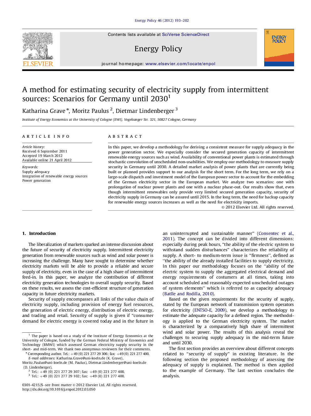 A method for estimating security of electricity supply from intermittent sources: Scenarios for Germany until 20301