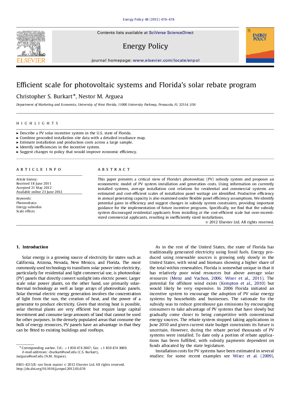 Efficient scale for photovoltaic systems and Florida's solar rebate program