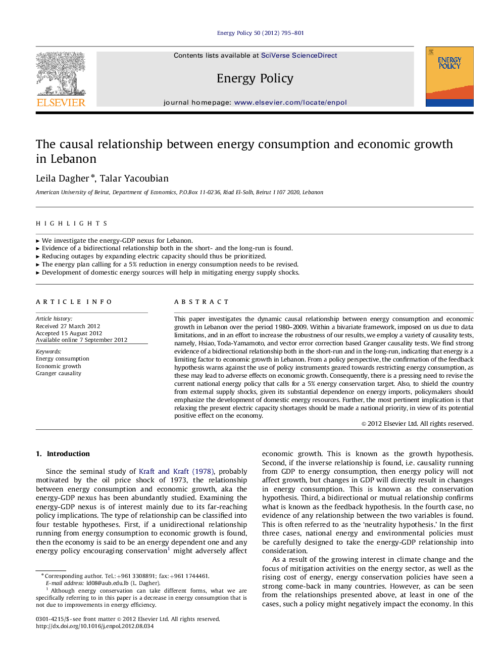 The causal relationship between energy consumption and economic growth in Lebanon