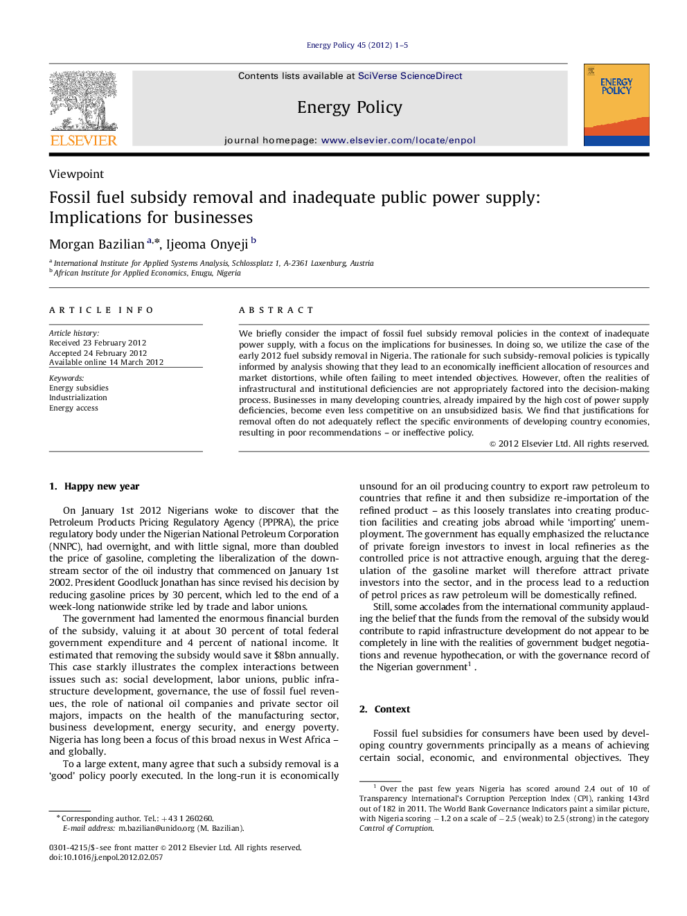 Fossil fuel subsidy removal and inadequate public power supply: Implications for businesses