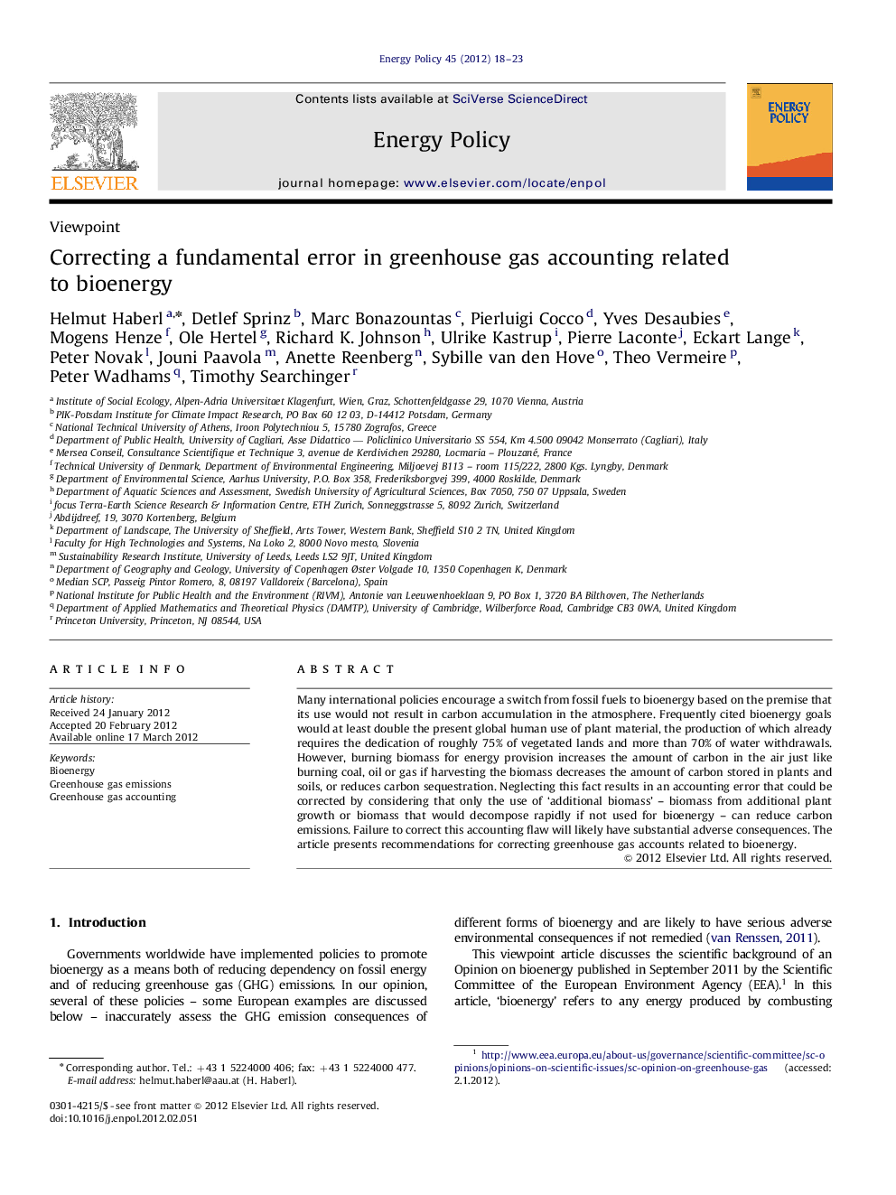 Correcting a fundamental error in greenhouse gas accounting related to bioenergy