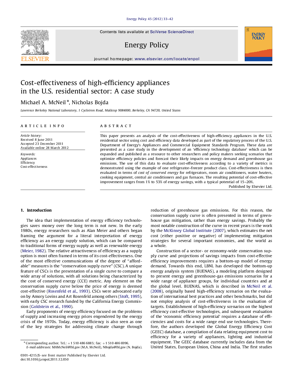 Cost-effectiveness of high-efficiency appliances in the U.S. residential sector: A case study