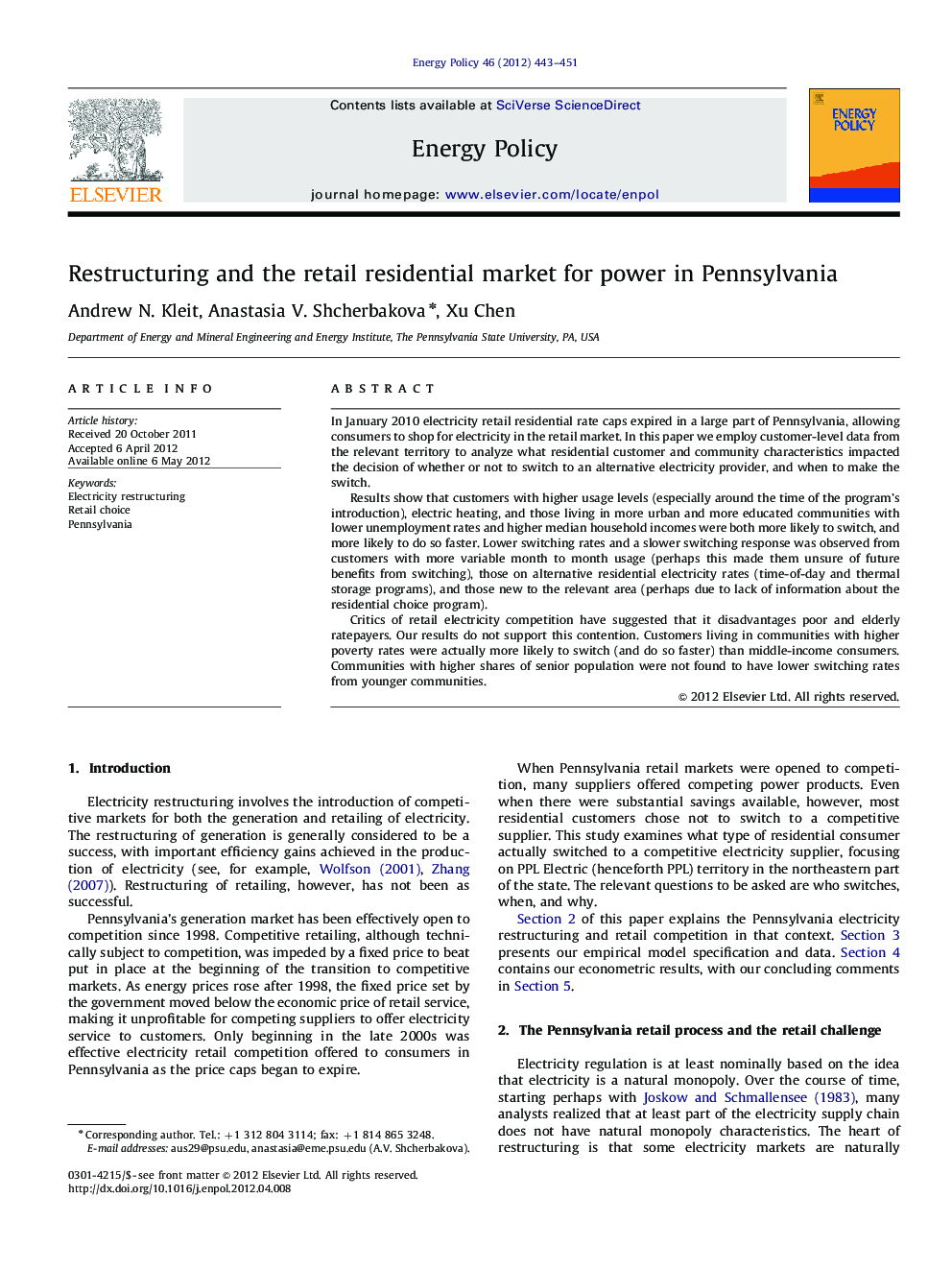 Restructuring and the retail residential market for power in Pennsylvania