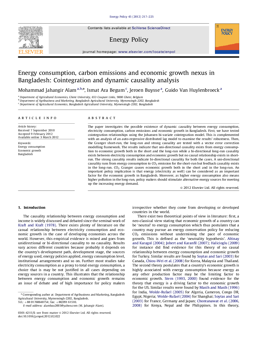 Energy consumption, carbon emissions and economic growth nexus in Bangladesh: Cointegration and dynamic causality analysis