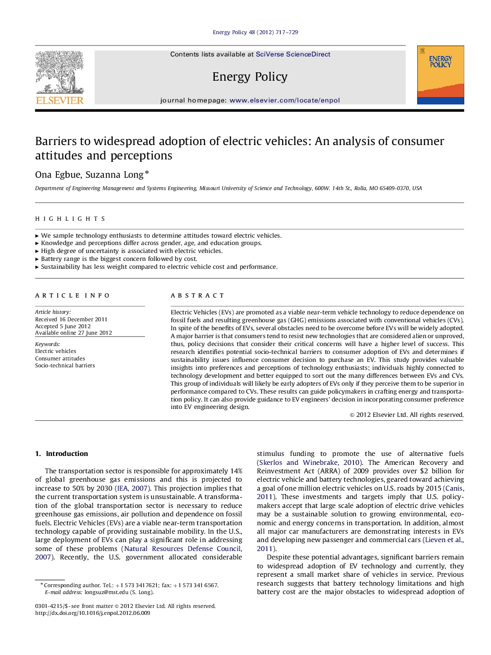 Barriers to widespread adoption of electric vehicles: An analysis of consumer attitudes and perceptions