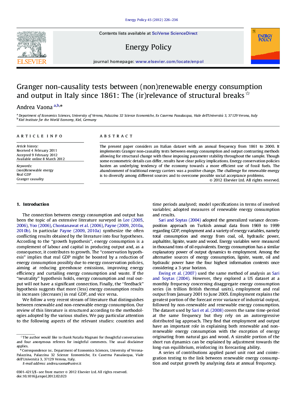 Granger non-causality tests between (non)renewable energy consumption and output in Italy since 1861: The (ir)relevance of structural breaks