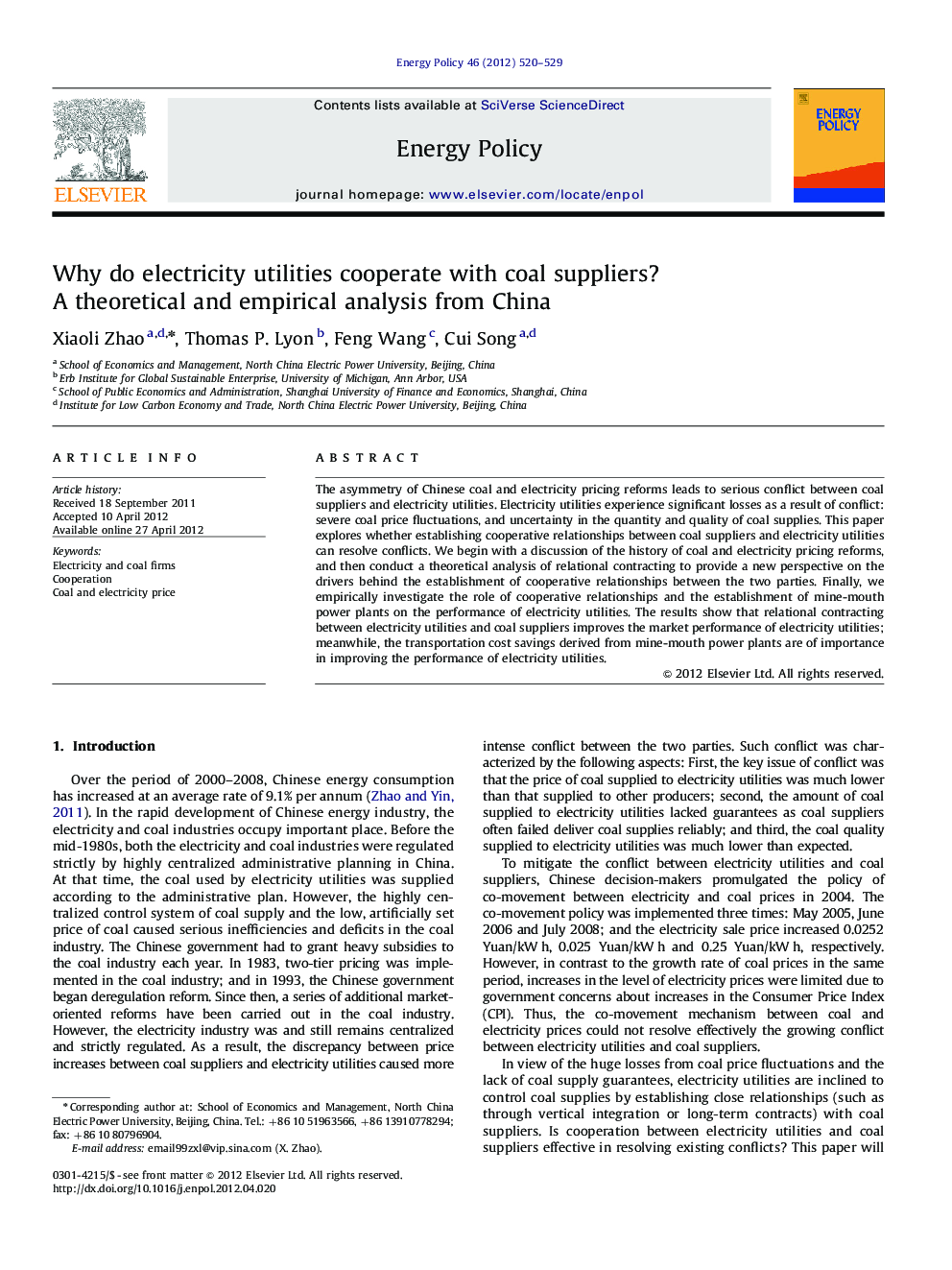 عکس صفحه اول مقاله: Why do electricity utilities cooperate with coal suppliers? A theoretical and empirical analysis from China Why do electricity utilities cooperate with coal suppliers? A theoretical and empirical analysis from China