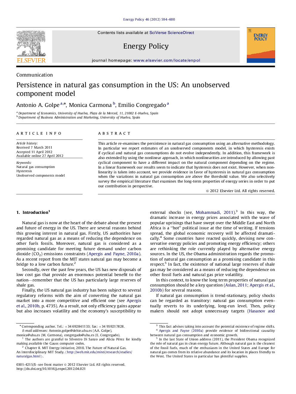 Persistence in natural gas consumption in the US: An unobserved component model