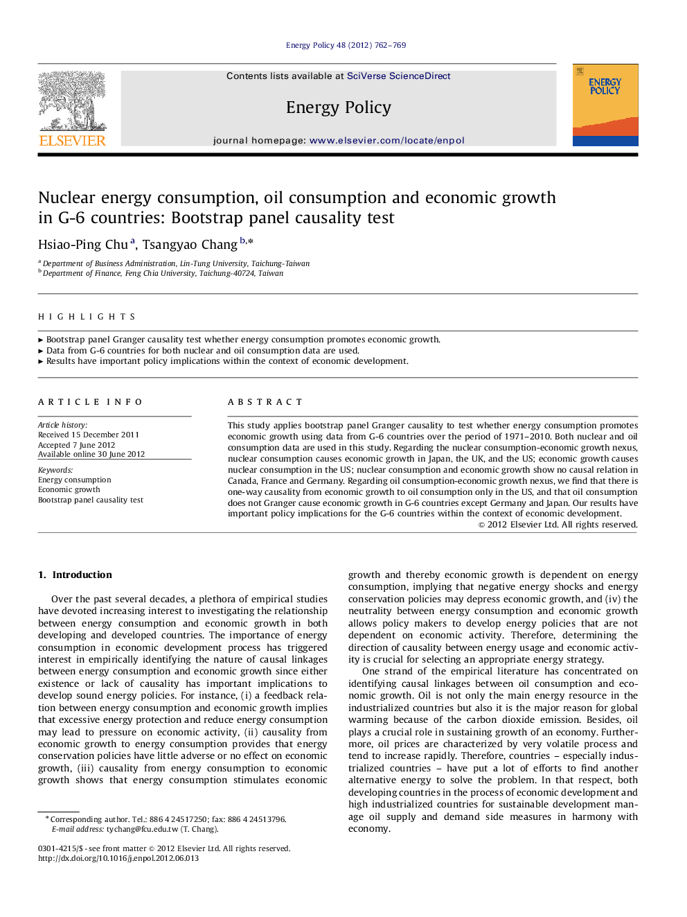 Nuclear energy consumption, oil consumption and economic growth in G-6 countries: Bootstrap panel causality test