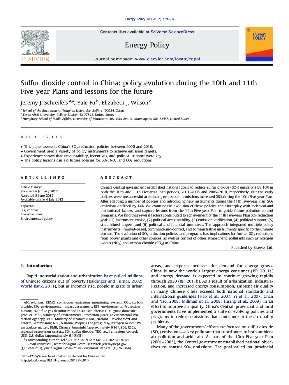 Sulfur dioxide control in China: policy evolution during the 10th and 11th Five-year Plans and lessons for the future