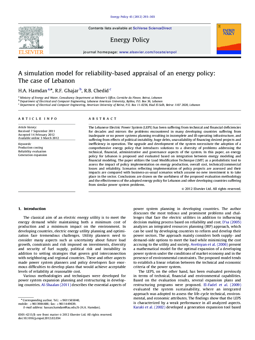 A simulation model for reliability-based appraisal of an energy policy: The case of Lebanon