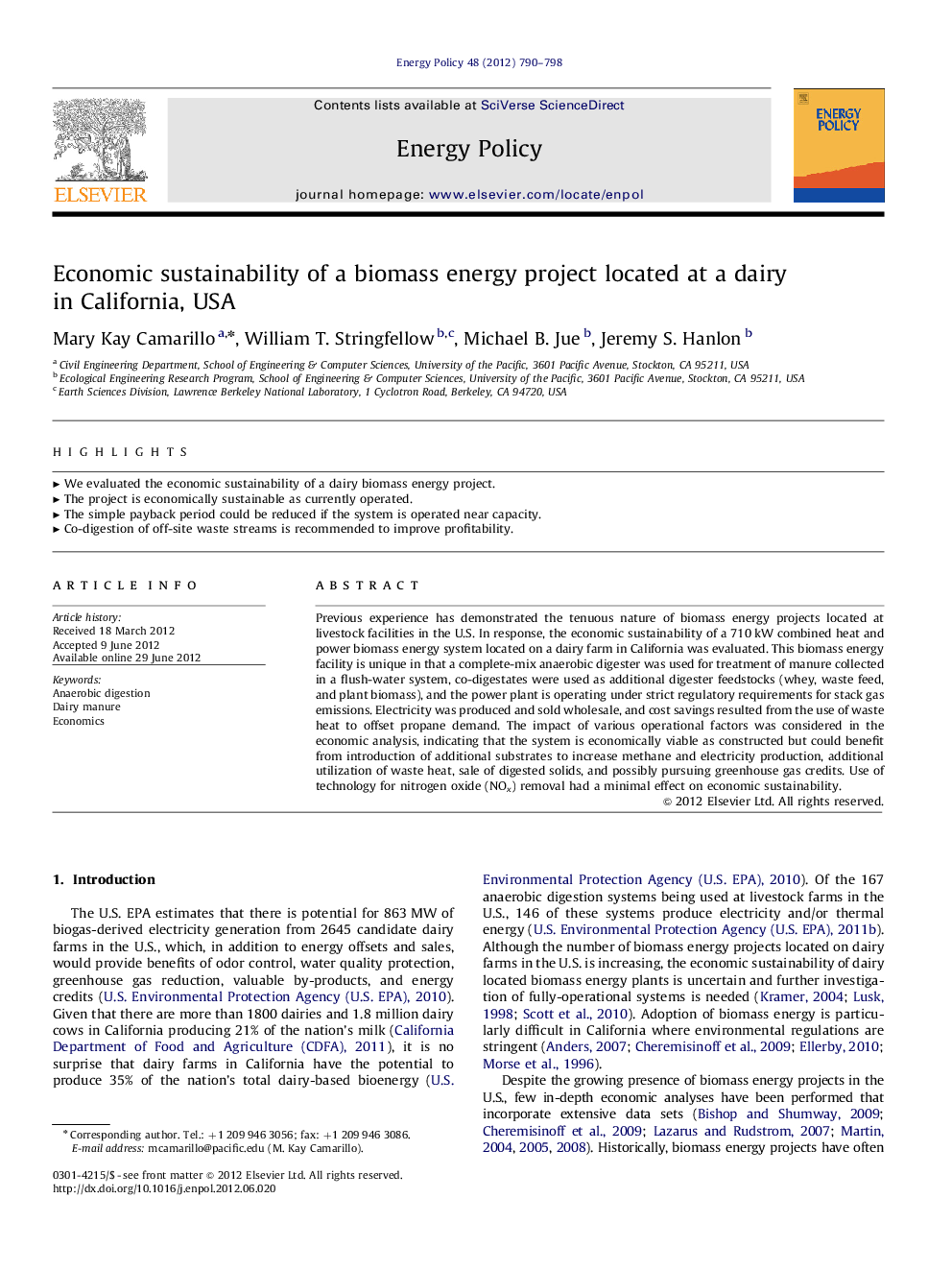 Economic sustainability of a biomass energy project located at a dairy in California, USA