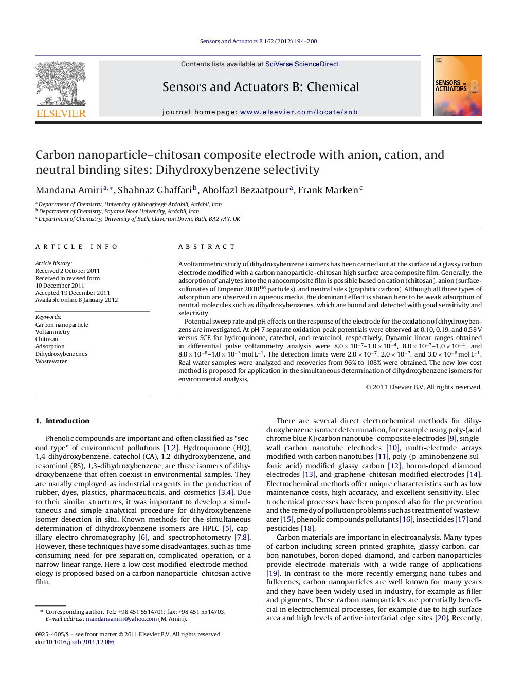 Carbon nanoparticle–chitosan composite electrode with anion, cation, and neutral binding sites: Dihydroxybenzene selectivity