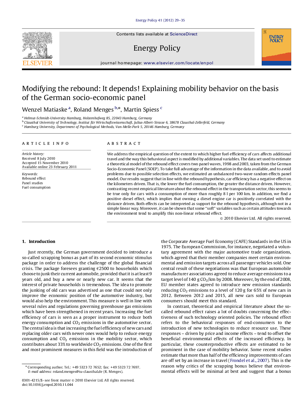 Modifying the rebound: It depends! Explaining mobility behavior on the basis of the German socio-economic panel