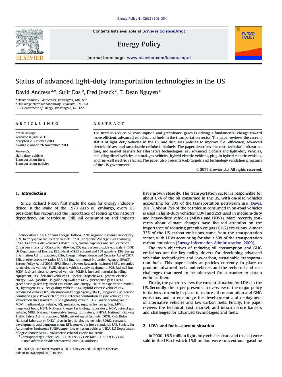 Status of advanced light-duty transportation technologies in the US