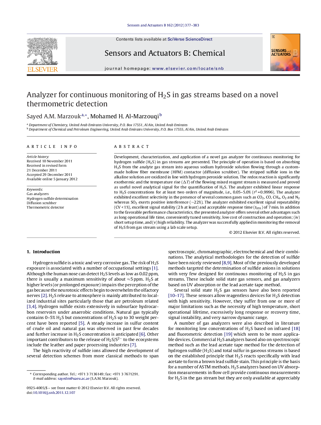 Analyzer for continuous monitoring of H2S in gas streams based on a novel thermometric detection