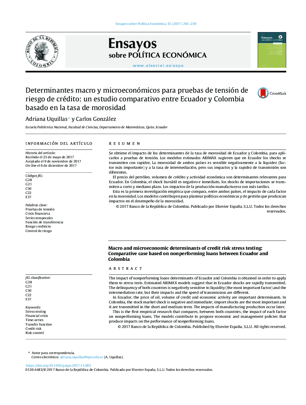 Determinantes macro y microeconómicos para pruebas de tensión de riesgo de crédito: un estudio comparativo entre Ecuador y Colombia basado en la tasa de morosidad