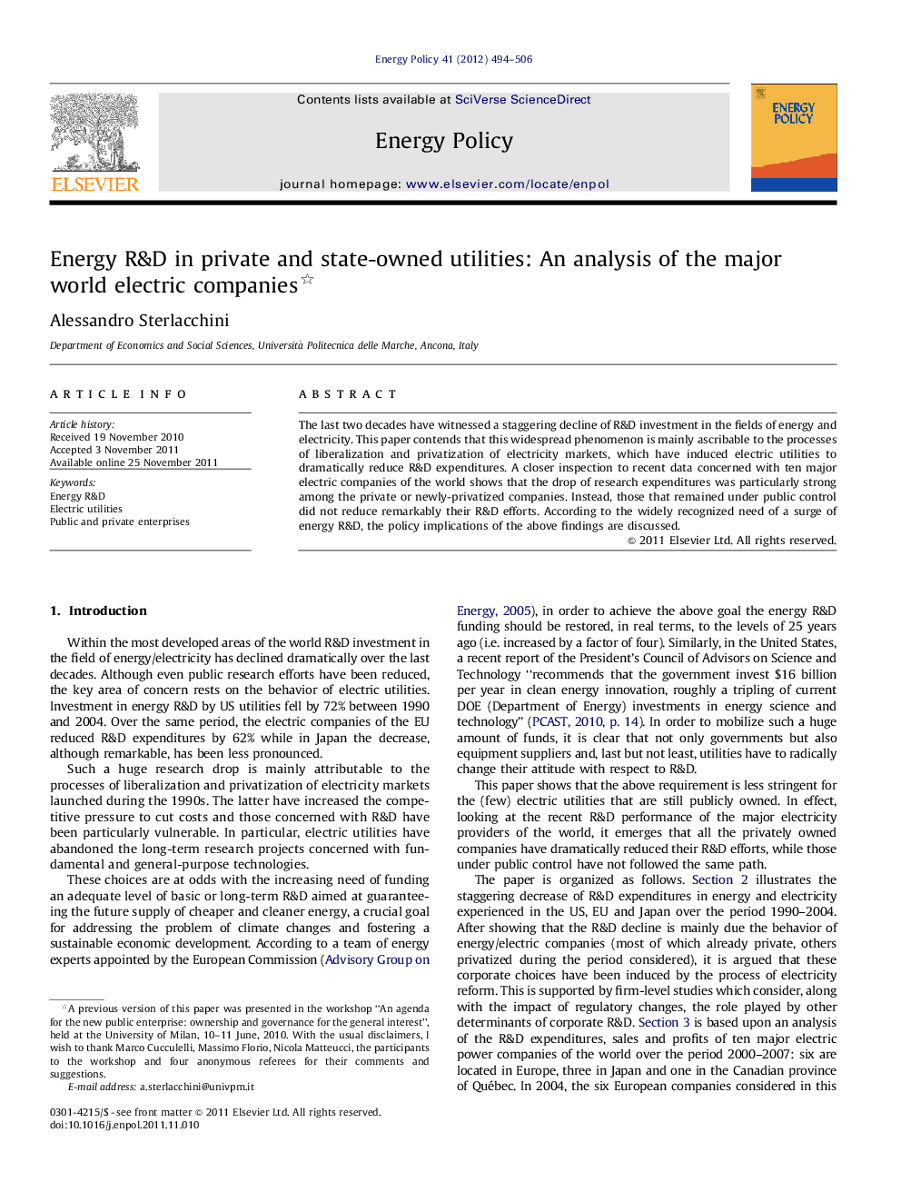 Energy R&D in private and state-owned utilities: An analysis of the major world electric companies