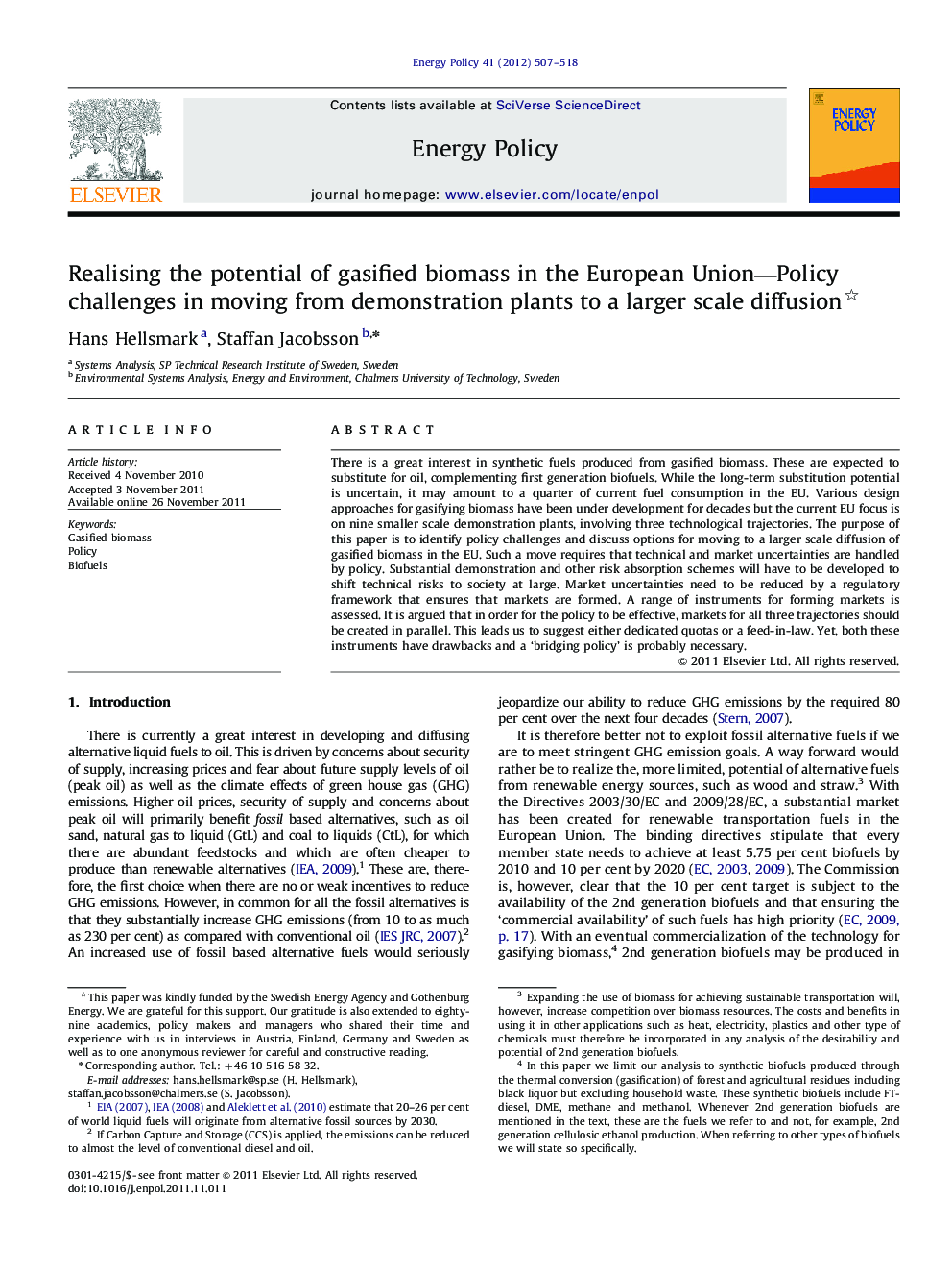 Realising the potential of gasified biomass in the European Union-Policy challenges in moving from demonstration plants to a larger scale diffusion