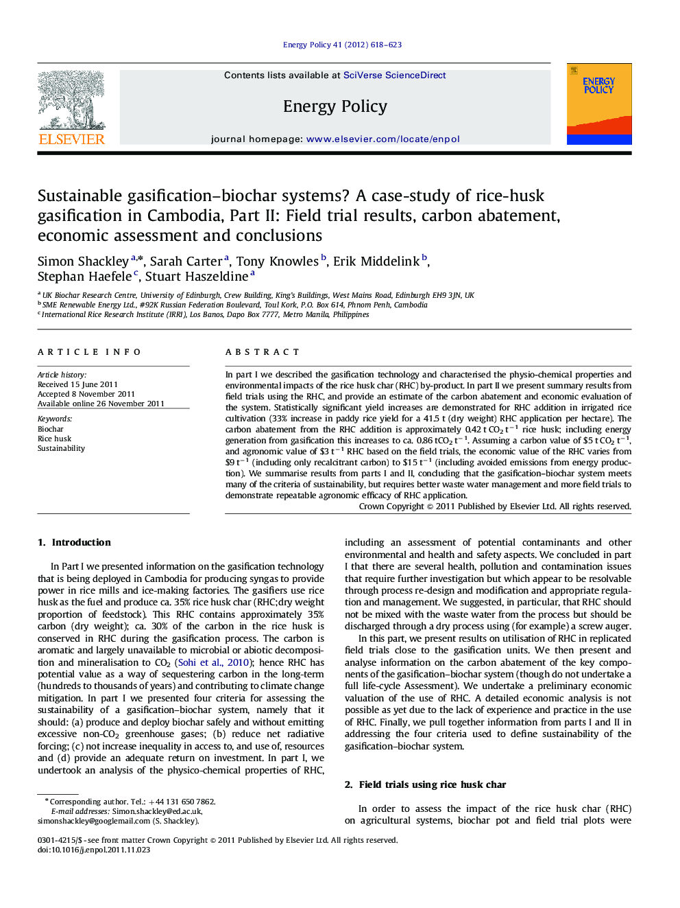 Sustainable gasification-biochar systems? A case-study of rice-husk gasification in Cambodia, Part II: Field trial results, carbon abatement, economic assessment and conclusions