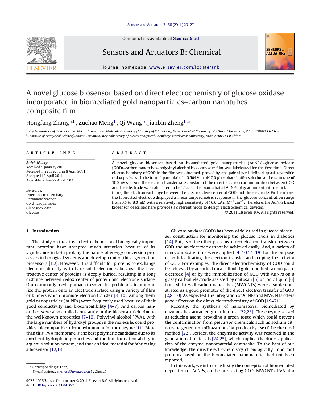 A novel glucose biosensor based on direct electrochemistry of glucose oxidase incorporated in biomediated gold nanoparticles–carbon nanotubes composite film