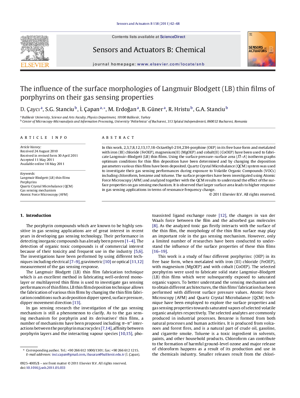 عکس صفحه اول مقاله: The influence of the surface morphologies of Langmuir Blodgett (LB) thin films of porphyrins on their gas sensing properties The influence of the surface morphologies of Langmuir Blodgett (LB) thin films of porphyrins on their gas sensing properties